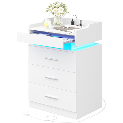 Tarpon Furniture 28.3 Inch Tall Nightstand with LED Light and Pull-Out Shelf Side Table with 3 Drawers USB Ports and Outlets for Bedroom