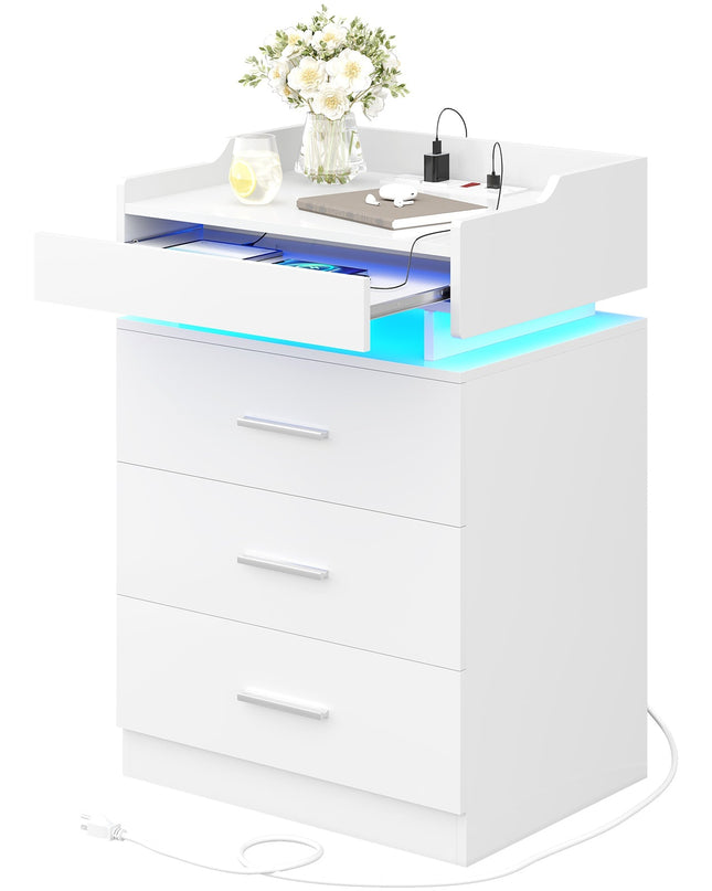 Tarpon Furniture 28.3 Inch Tall Nightstand with LED Light and Pull-Out Shelf Side Table with 3 Drawers USB Ports and Outlets for Bedroom