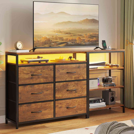 Tarpon Furniture 60 Inch TV Stand with Power Outlets and LED Lights Convertible Dresser with Open Shelf and 6 Drawers