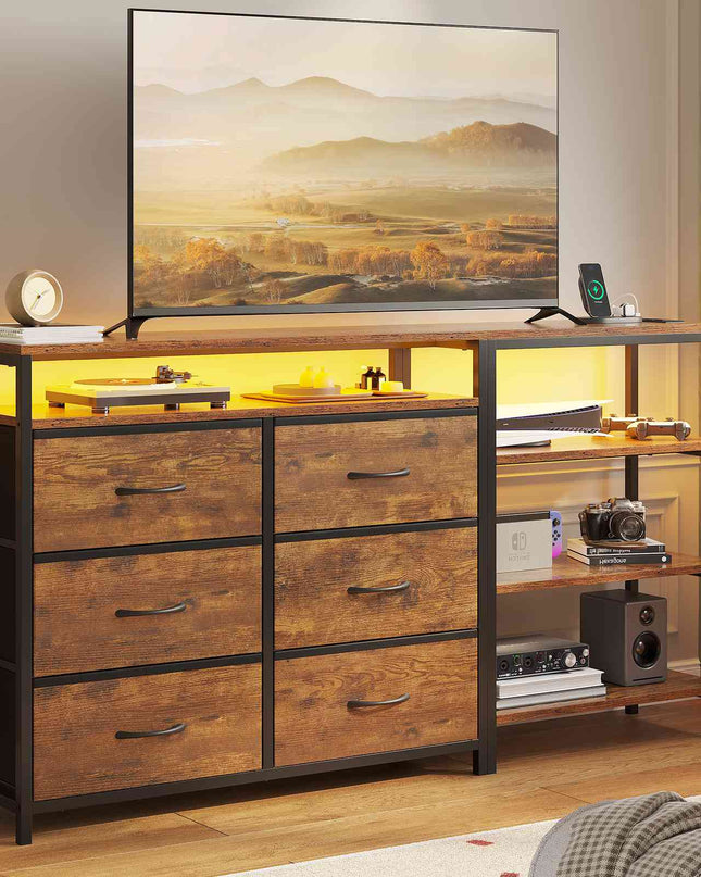 Tarpon Furniture 60 Inch TV Stand with Power Outlets and LED Lights Convertible Dresser with Open Shelf and 6 Drawers