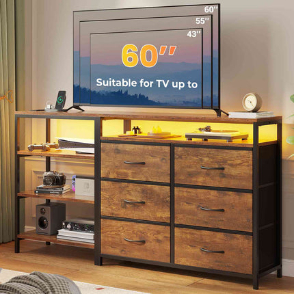 Tarpon Furniture 60 Inch TV Stand with Power Outlets and LED Lights Convertible Dresser with Open Shelf and 6 Drawers