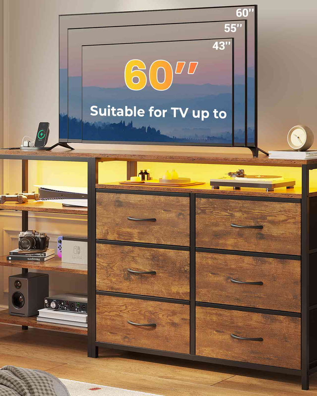Tarpon Furniture 60 Inch TV Stand with Power Outlets and LED Lights Convertible Dresser with Open Shelf and 6 Drawers