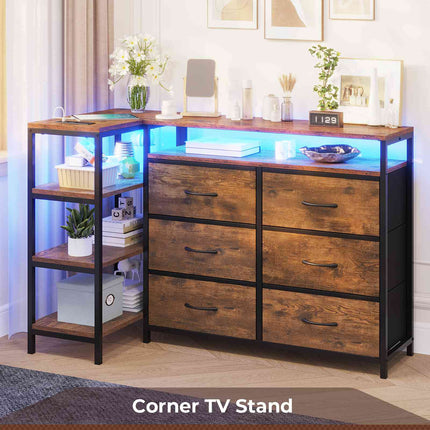 Tarpon Furniture 60 Inch TV Stand with Power Outlets and LED Lights Convertible Dresser with Open Shelf and 6 Drawers