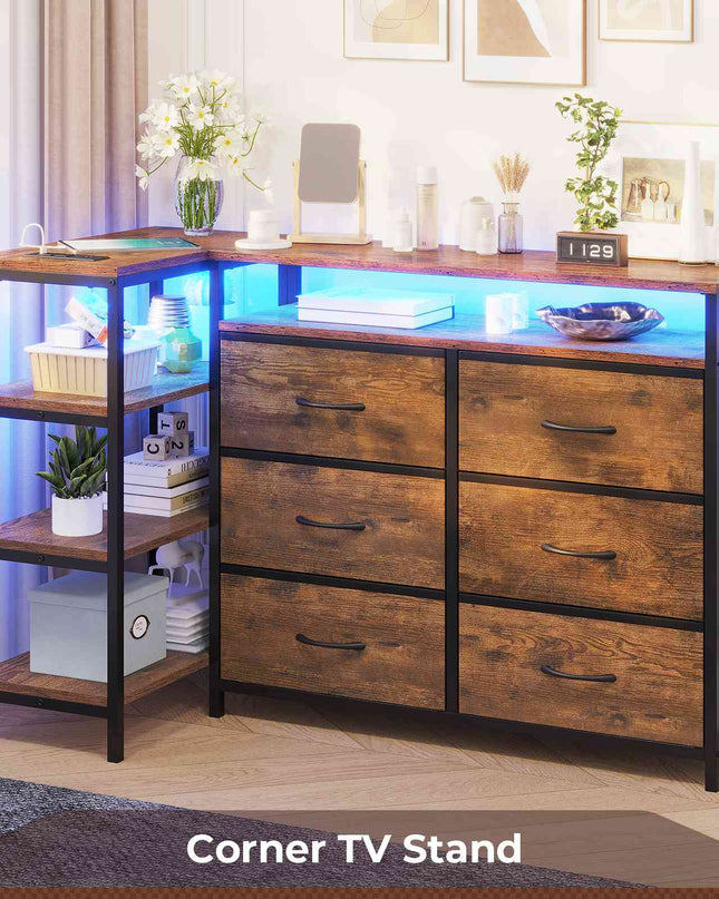 Tarpon Furniture 60 Inch TV Stand with Power Outlets and LED Lights Convertible Dresser with Open Shelf and 6 Drawers