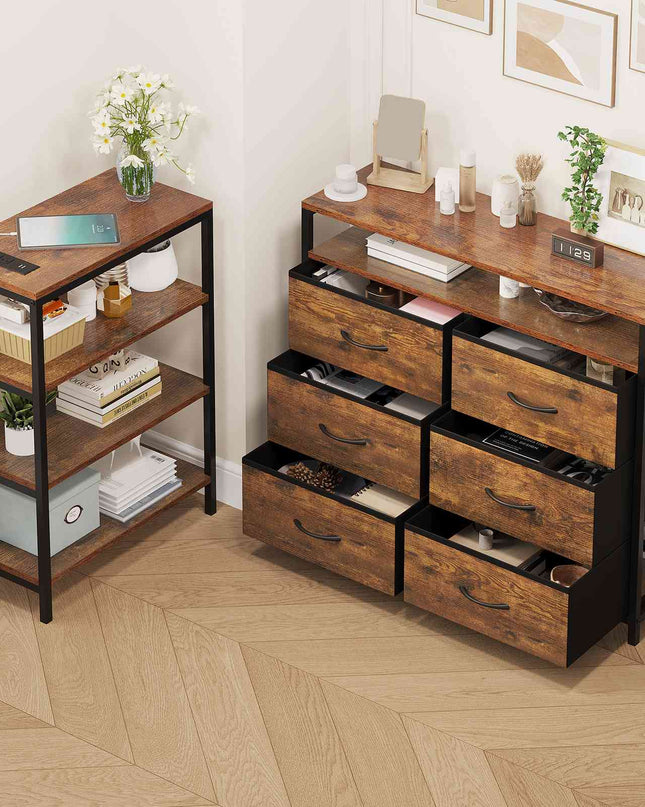 Tarpon Furniture 60 Inch TV Stand with Power Outlets and LED Lights Convertible Dresser with Open Shelf and 6 Drawers