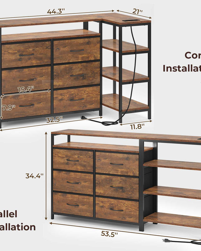 Tarpon Furniture 60 Inch TV Stand with Power Outlets and LED Lights Convertible Dresser with Open Shelf and 6 Drawers