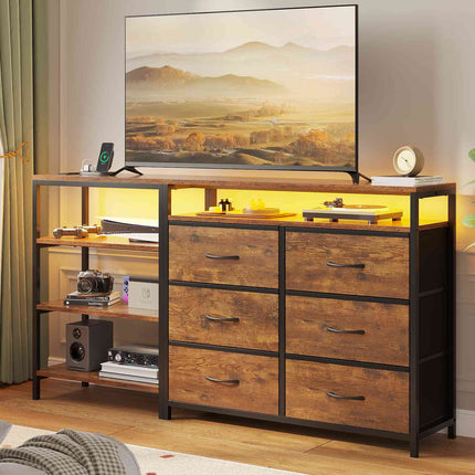 Tarpon Furniture 60 Inch TV Stand with Power Outlets and LED Lights Convertible Dresser with Open Shelf and 6 Drawers