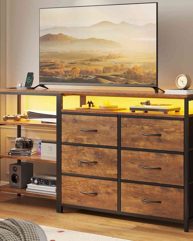 Tarpon Furniture 60 Inch TV Stand with Power Outlets and LED Lights Convertible Dresser with Open Shelf and 6 Drawers