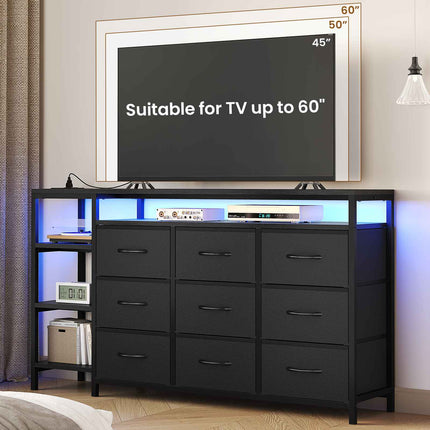 Tarpon Furniture 60 Inches TV Stand with Charging Station LED Lights TV Console Table with  9 Drawers and Open Shelves for Living Room Bedroom