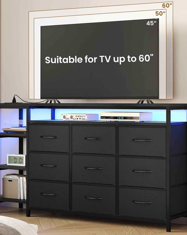 Tarpon Furniture 60 Inches TV Stand with Charging Station LED Lights TV Console Table with  9 Drawers and Open Shelves for Living Room Bedroom