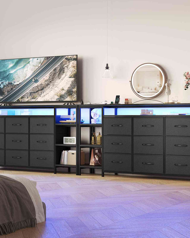 Tarpon Furniture 60 Inches TV Stand with Charging Station LED Lights TV Console Table with  9 Drawers and Open Shelves for Living Room Bedroom