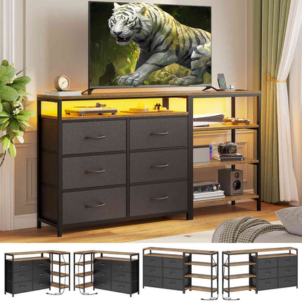 Tarpon Furniture 60 Inch TV Stand with Power Outlets and LED Lights Convertible Dresser with Open Shelf and 6 Drawers