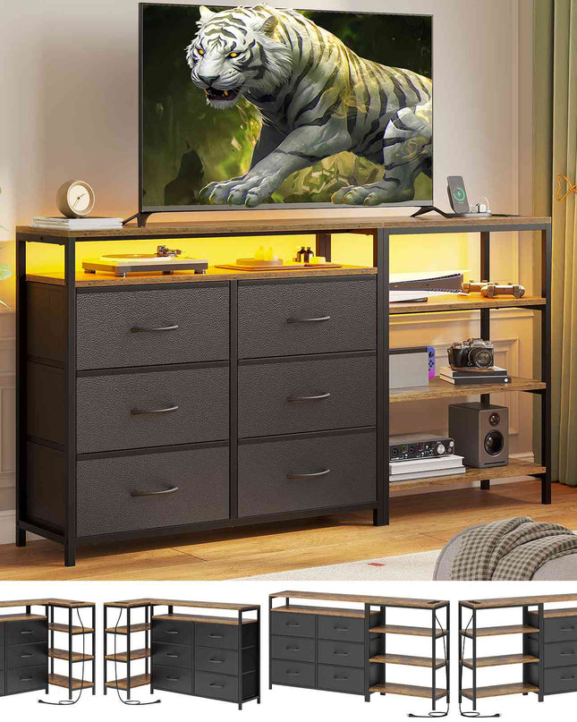 Tarpon Furniture 60 Inch TV Stand with Power Outlets and LED Lights Convertible Dresser with Open Shelf and 6 Drawers