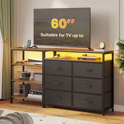 Tarpon Furniture 60 Inch TV Stand with Power Outlets and LED Lights Convertible Dresser with Open Shelf and 6 Drawers