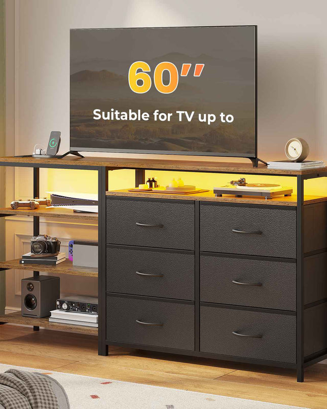 Tarpon Furniture 60 Inch TV Stand with Power Outlets and LED Lights Convertible Dresser with Open Shelf and 6 Drawers