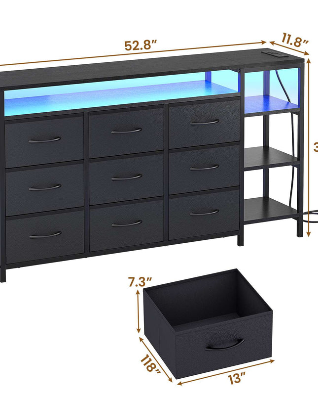 Tarpon Furniture 60 Inches TV Stand with Charging Station LED Lights TV Console Table with  9 Drawers and Open Shelves for Living Room Bedroom