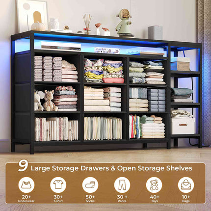Tarpon Furniture 60 Inches TV Stand with Charging Station LED Lights TV Console Table with  9 Drawers and Open Shelves for Living Room Bedroom