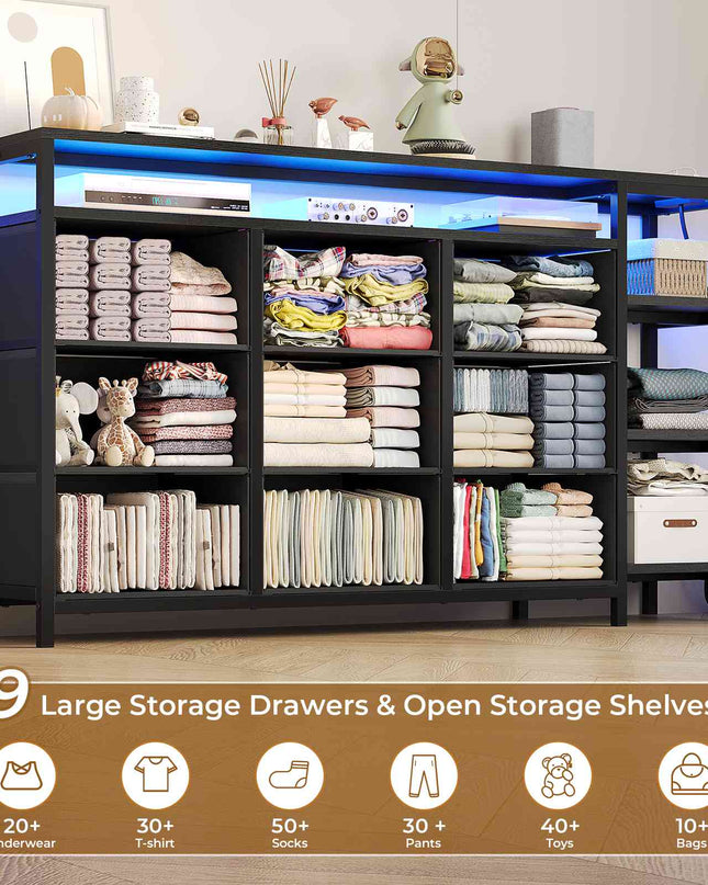 Tarpon Furniture 60 Inches TV Stand with Charging Station LED Lights TV Console Table with  9 Drawers and Open Shelves for Living Room Bedroom