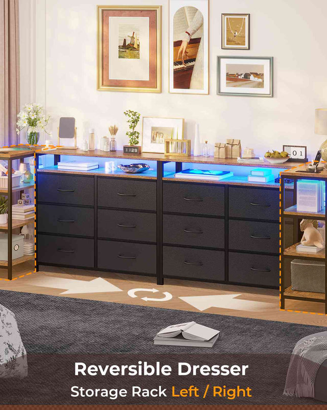 Tarpon Furniture 60 Inch TV Stand with Power Outlets and LED Lights Convertible Dresser with Open Shelf and 6 Drawers