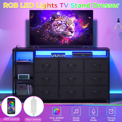 Tarpon Furniture 60 Inches TV Stand with Charging Station LED Lights TV Console Table with  9 Drawers and Open Shelves for Living Room Bedroom