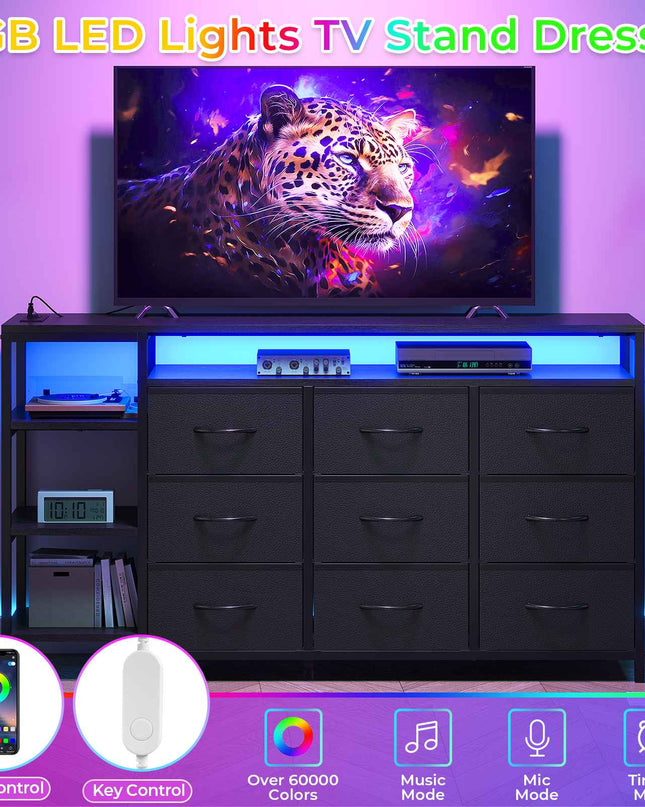 Tarpon Furniture 60 Inches TV Stand with Charging Station LED Lights TV Console Table with  9 Drawers and Open Shelves for Living Room Bedroom