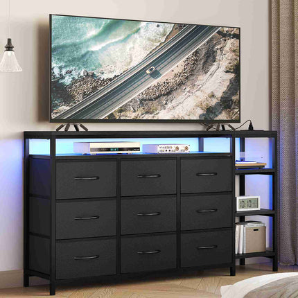 Tarpon Furniture 60 Inches TV Stand with Charging Station LED Lights TV Console Table with  9 Drawers and Open Shelves for Living Room Bedroom