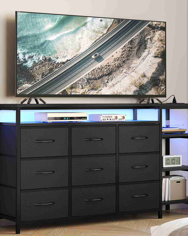 Tarpon Furniture 60 Inches TV Stand with Charging Station LED Lights TV Console Table with  9 Drawers and Open Shelves for Living Room Bedroom