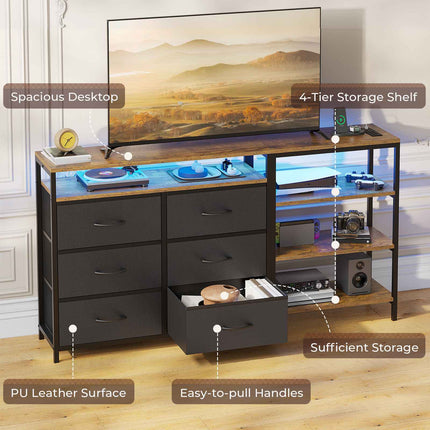 Tarpon Furniture 60 Inch TV Stand with Power Outlets and LED Lights Convertible Dresser with Open Shelf and 6 Drawers