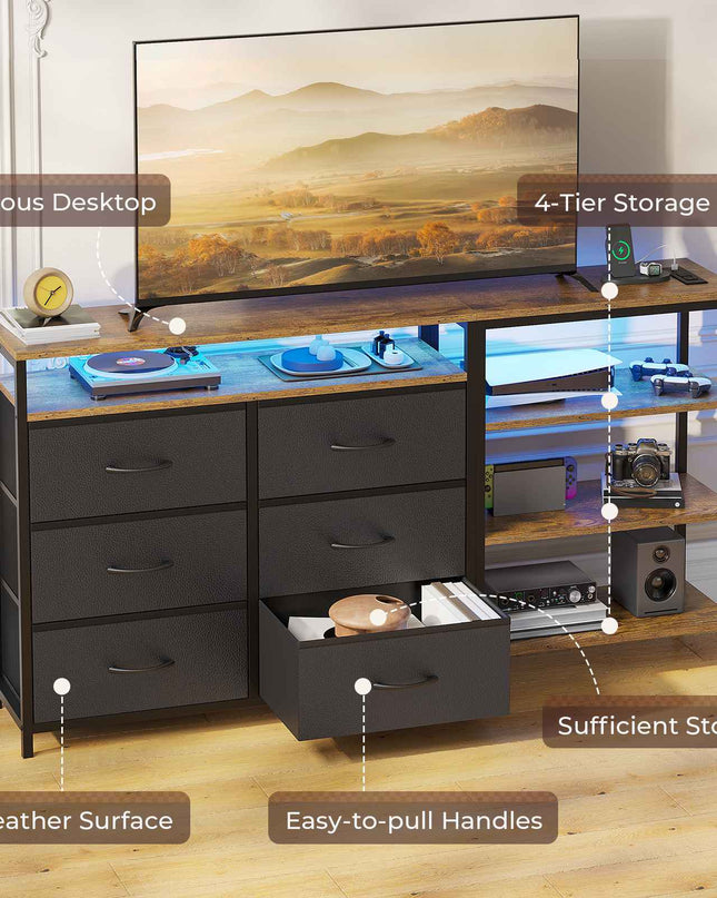 Tarpon Furniture 60 Inch TV Stand with Power Outlets and LED Lights Convertible Dresser with Open Shelf and 6 Drawers