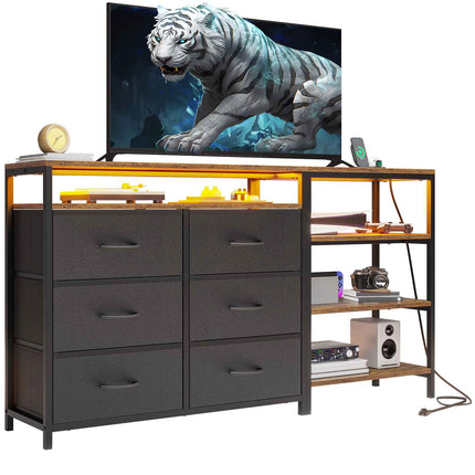 Tarpon Furniture 60 Inch TV Stand with Power Outlets and LED Lights Convertible Dresser with Open Shelf and 6 Drawers