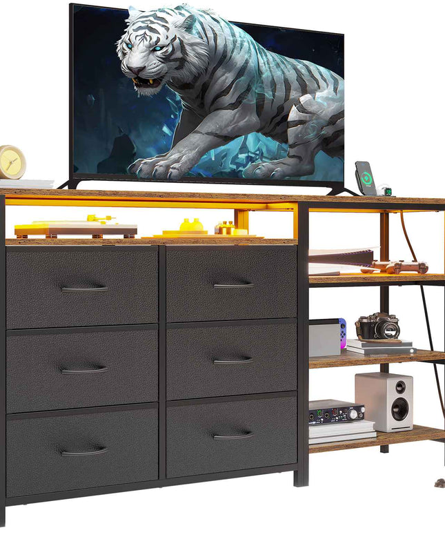 Tarpon Furniture 60 Inch TV Stand with Power Outlets and LED Lights Convertible Dresser with Open Shelf and 6 Drawers