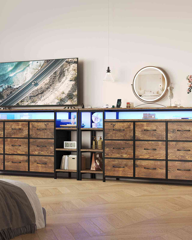 Tarpon Furniture 60 Inches TV Stand with Charging Station LED Lights TV Console Table with  9 Drawers and Open Shelves for Living Room Bedroom