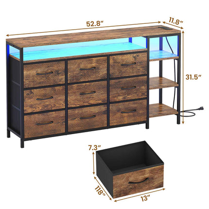 Tarpon Furniture 60 Inches TV Stand with Charging Station LED Lights TV Console Table with  9 Drawers and Open Shelves for Living Room Bedroom