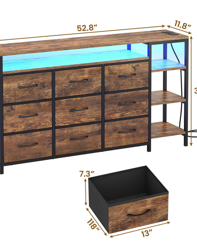 Tarpon Furniture 60 Inches TV Stand with Charging Station LED Lights TV Console Table with  9 Drawers and Open Shelves for Living Room Bedroom