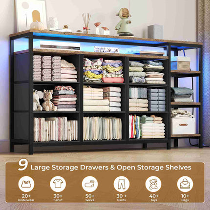 Tarpon Furniture 60 Inches TV Stand with Charging Station LED Lights TV Console Table with  9 Drawers and Open Shelves for Living Room Bedroom
