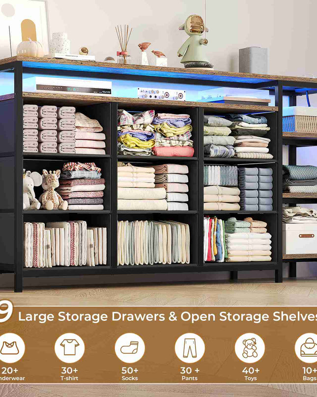 Tarpon Furniture 60 Inches TV Stand with Charging Station LED Lights TV Console Table with  9 Drawers and Open Shelves for Living Room Bedroom