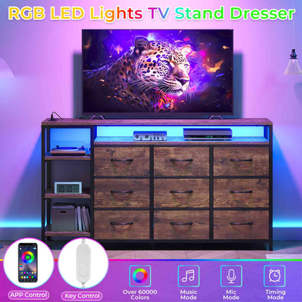 Tarpon Furniture 60 Inches TV Stand with Charging Station LED Lights TV Console Table with  9 Drawers and Open Shelves for Living Room Bedroom