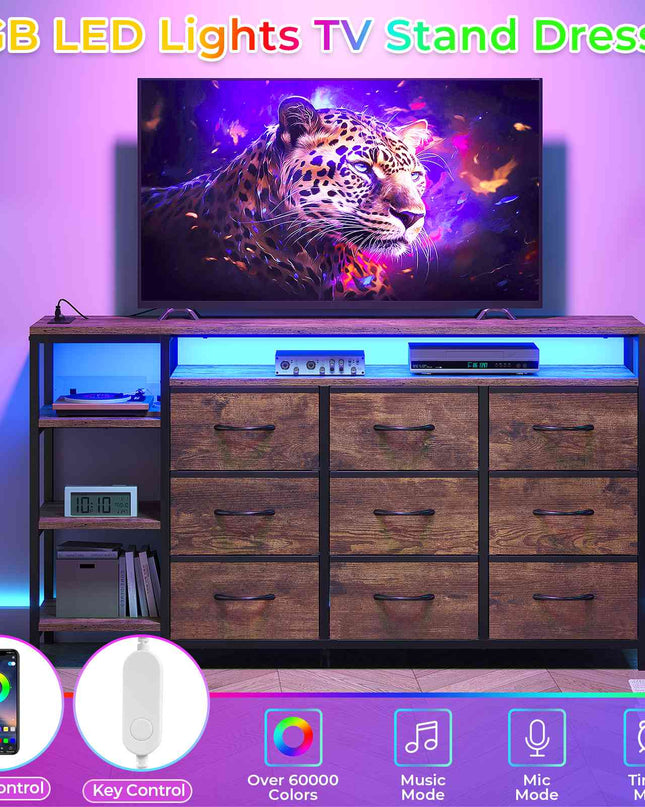 Tarpon Furniture 60 Inches TV Stand with Charging Station LED Lights TV Console Table with  9 Drawers and Open Shelves for Living Room Bedroom