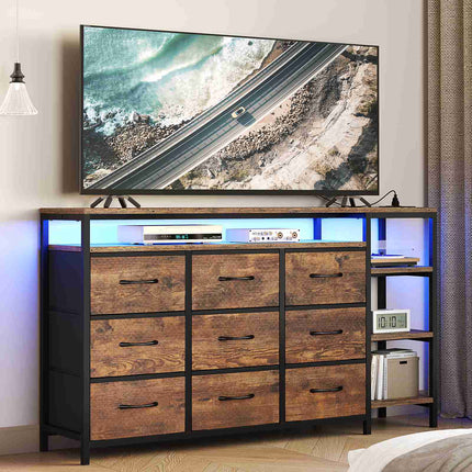 Tarpon Furniture 60 Inches TV Stand with Charging Station LED Lights TV Console Table with  9 Drawers and Open Shelves for Living Room Bedroom