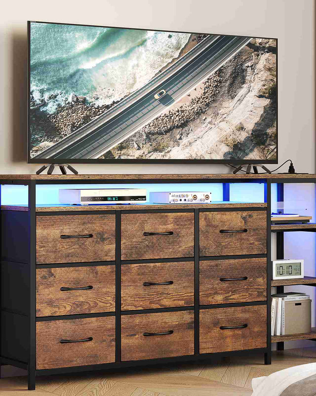 Tarpon Furniture 60 Inches TV Stand with Charging Station LED Lights TV Console Table with  9 Drawers and Open Shelves for Living Room Bedroom