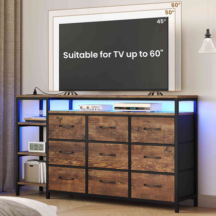 Tarpon Furniture 60 Inches TV Stand with Charging Station LED Lights TV Console Table with  9 Drawers and Open Shelves for Living Room Bedroom