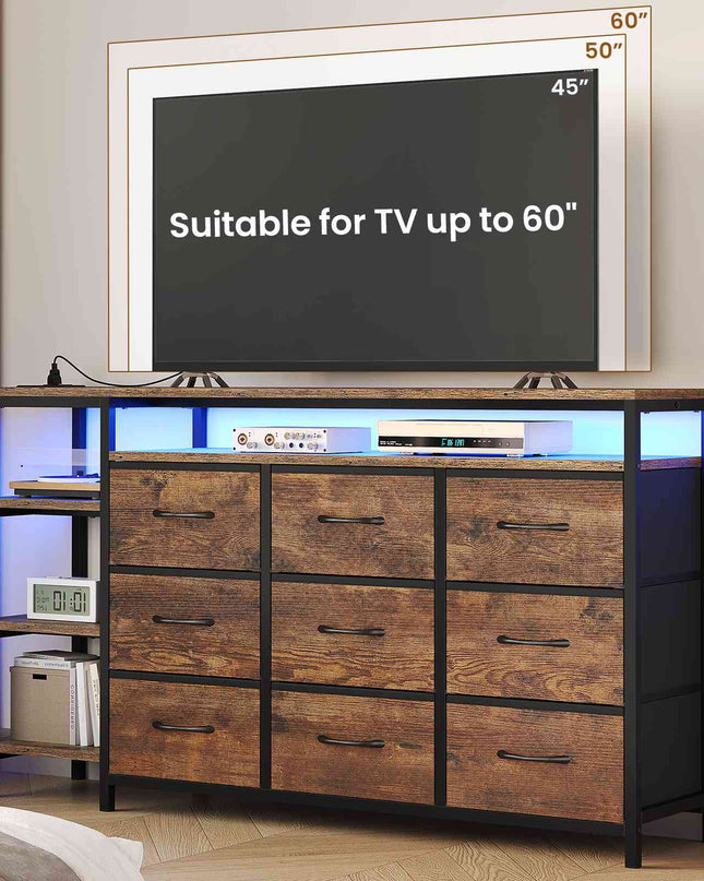 Tarpon Furniture 60 Inches TV Stand with Charging Station LED Lights TV Console Table with  9 Drawers and Open Shelves for Living Room Bedroom