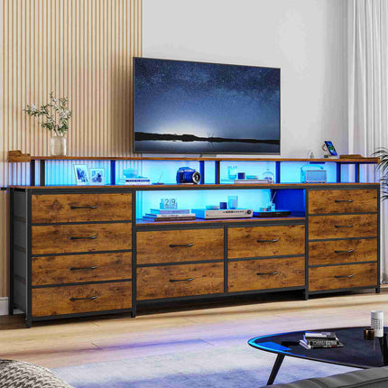 Tarpon Furniture 63 Inch TV Stand with LED Lights and Power Outlets Long Dresser with 12 Fabric Drawers and Shelves for Bedroom