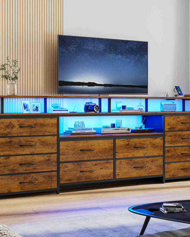 Tarpon Furniture 63 Inch TV Stand with LED Lights and Power Outlets Long Dresser with 12 Fabric Drawers and Shelves for Bedroom