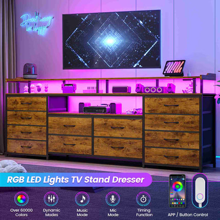 Tarpon Furniture 63 Inch TV Stand with LED Lights and Power Outlets Long Dresser with 12 Fabric Drawers and Shelves for Bedroom
