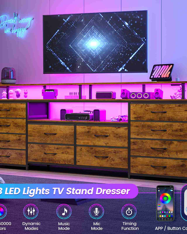 Tarpon Furniture 63 Inch TV Stand with LED Lights and Power Outlets Long Dresser with 12 Fabric Drawers and Shelves for Bedroom