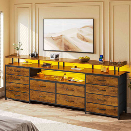Tarpon Furniture 63 Inch TV Stand with LED Lights and Power Outlets Long Dresser with 12 Fabric Drawers and Shelves for Bedroom