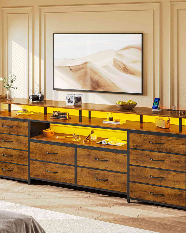 Tarpon Furniture 63 Inch TV Stand with LED Lights and Power Outlets Long Dresser with 12 Fabric Drawers and Shelves for Bedroom
