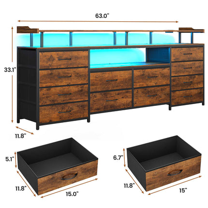 Tarpon Furniture 63 Inch TV Stand with LED Lights and Power Outlets Long Dresser with 12 Fabric Drawers and Shelves for Bedroom