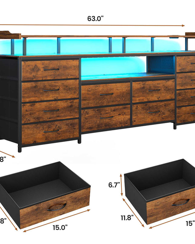 Tarpon Furniture 63 Inch TV Stand with LED Lights and Power Outlets Long Dresser with 12 Fabric Drawers and Shelves for Bedroom